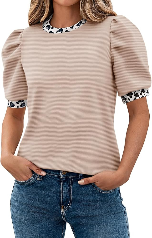 Tankaneo Womens Puff Short Sleeve Tops 2026 Summer Dressy Casual Crew Neck Work Blouses Leopard L... | Amazon (US)