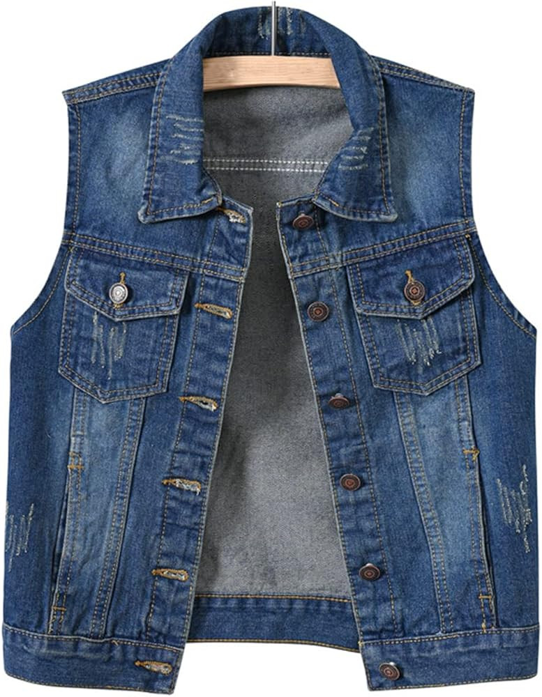 Women's Casual Denim Waistcoat Frayed Sleeveless Ripped Jacket Vest with Pockets | Amazon (US)