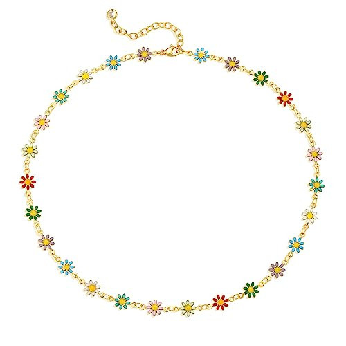 GDCOIN Dainty Gold Chain Choker Necklace for Women 18K Gold Plated Colorfull Link Chain Choker, Multicolor Daisies Necklace Jewelry Gift | Amazon (US)