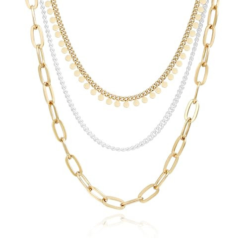 COBI Layered Necklace for Women, 18K Gold & Silver Plated Multi-Strand Necklace with Disc and Paperclip Chains, Two Tone Statement Necklace, Mixed Metal Necklace Stack Trendy Fashion Jewelry Gift | Amazon (US)