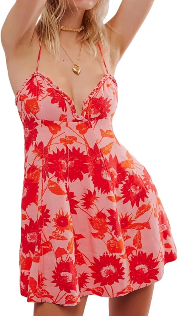 Women's Summer Casual Dress Adjustable Spaghetti Strap Floral Mini Short Dresses Spring Wedding S... | Amazon (US)