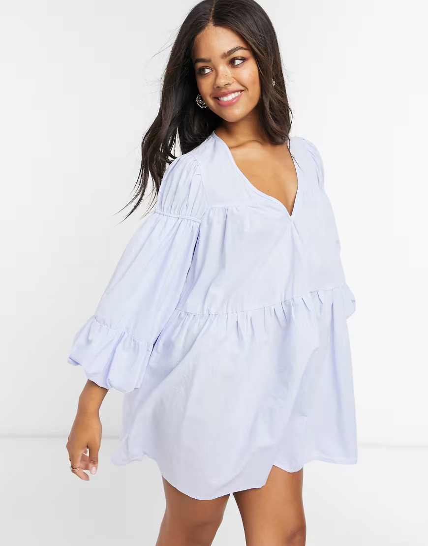 In The Style x Lorna Luxe poplin ruched detail smock dress in blue | ASOS (Global)