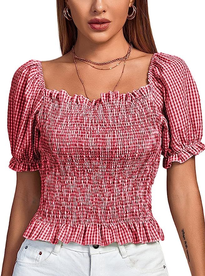 LYANER Women's Ruffle Peplum Smock Gingham Crop Top Square Neck Puff Short Sleeve Blouse Shirt | Amazon (US)