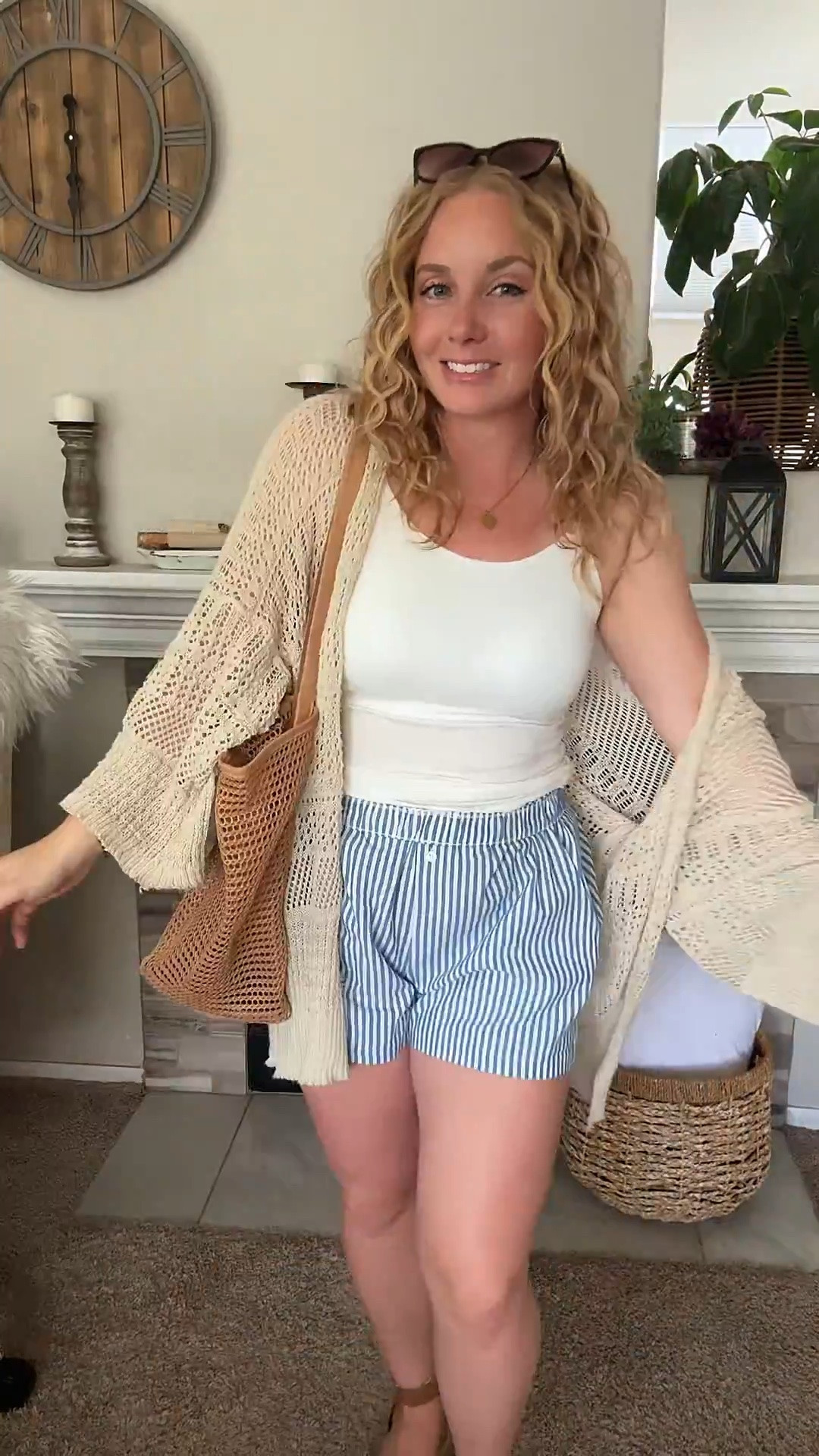 White tank top with built in bra, crochet knit cardigan, striped boxer shirts, platform sandals and tote bag






Size 6/8 summer outfit ideas, midsize summer outfit, casual summer style, effortless everyday style, Amazon fashion midsize, petite Amazon fashion, coffee run outfit, SAHM outfits for summer

#LTKootd #LTKSaleAlert #LTKPetite