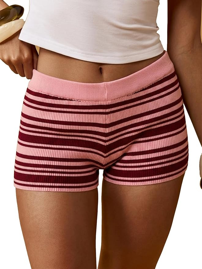 OYOANGLE Women's Y2K Summer Shorts Color Block Striped Ribbed Mini Shorts Elastic Waist Knitted L... | Amazon (US)