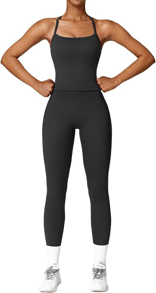 Womens Workout Sets Two Piece Cross Back Tank Top Matching High Waist Leggings Sets Gym Outfits W... | Amazon (US)