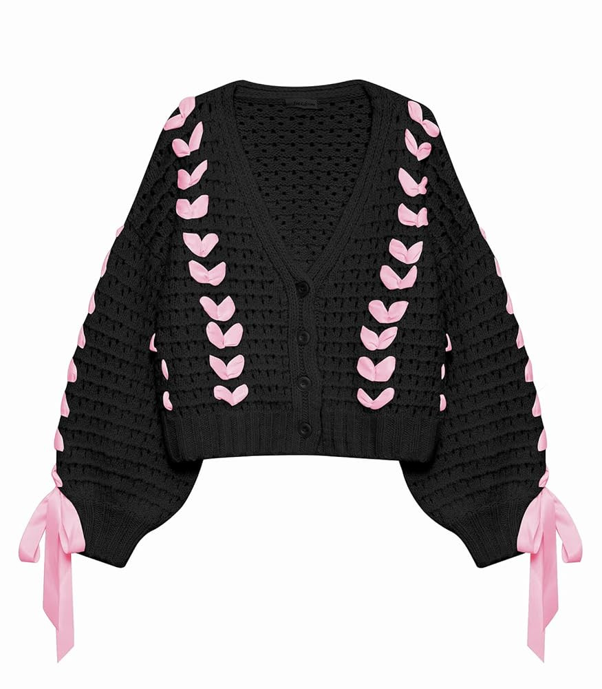 ebossy Womens Y2K Bow Tie Front Cardigan Cute Long Sleeve Ribbon Lace Up Cropped Knit Sweater Coa... | Amazon (US)