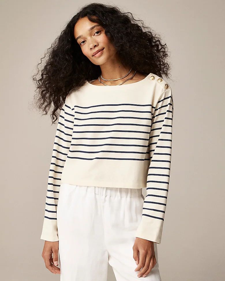 Cropped boatneck T-shirt with buttons in mariner cotton | J.Crew US