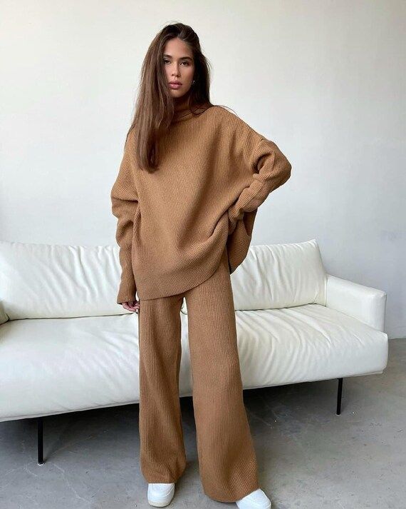 Beige knitted wool loungewear, turtleneck & palazzo pants, Knitted suit, Women pajama set, knitte... | Etsy (US)