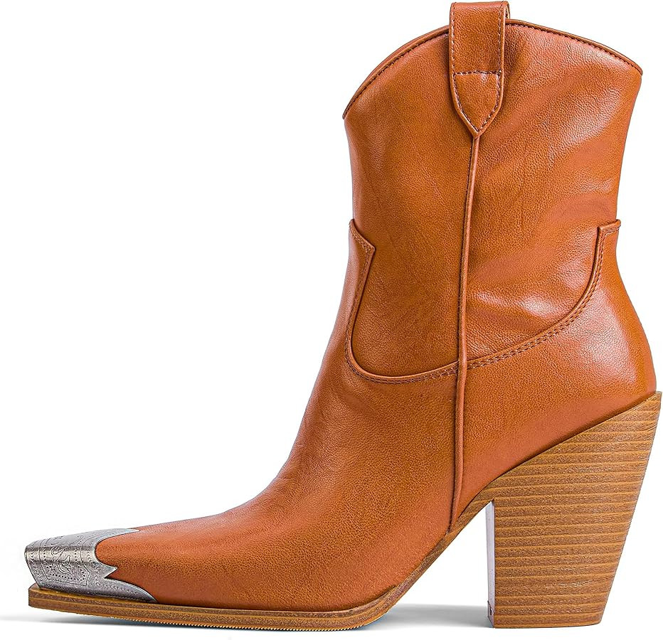 Arqa Women's Western Boots Etched Metal Toe Cowgirl Booties Stacked Block Heel Ankle Boots Side Z... | Amazon (US)