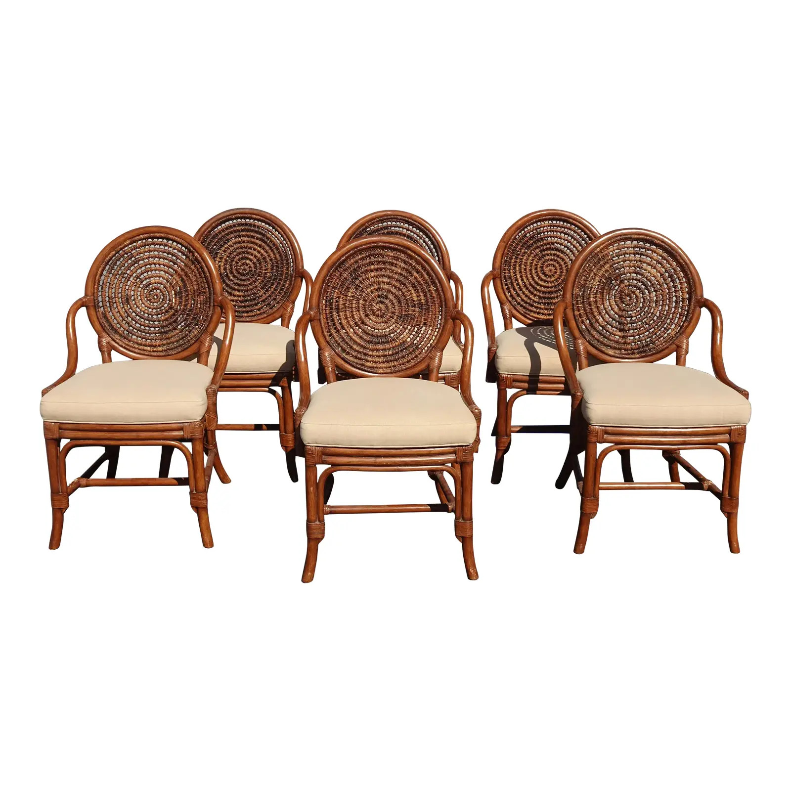 6 Vintage McGuire Style Brown Bamboo Rattan Round Back Chairs Leather Straps | Chairish