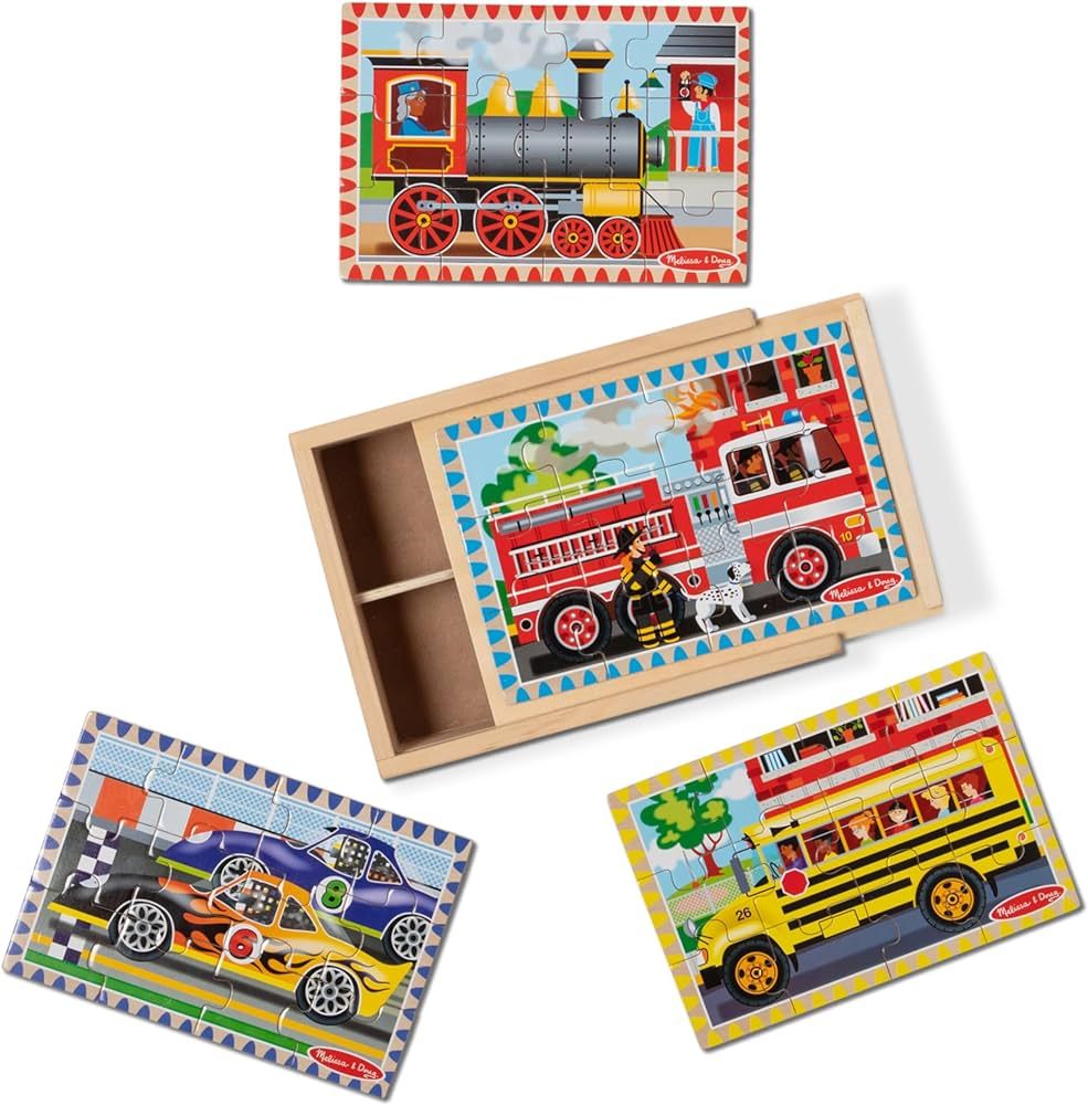 Melissa & Doug Vehicles 4-in-1 Wooden Jigsaw Puzzles in a Storage Box (48 pcs) - Toddler , Fire T... | Amazon (US)
