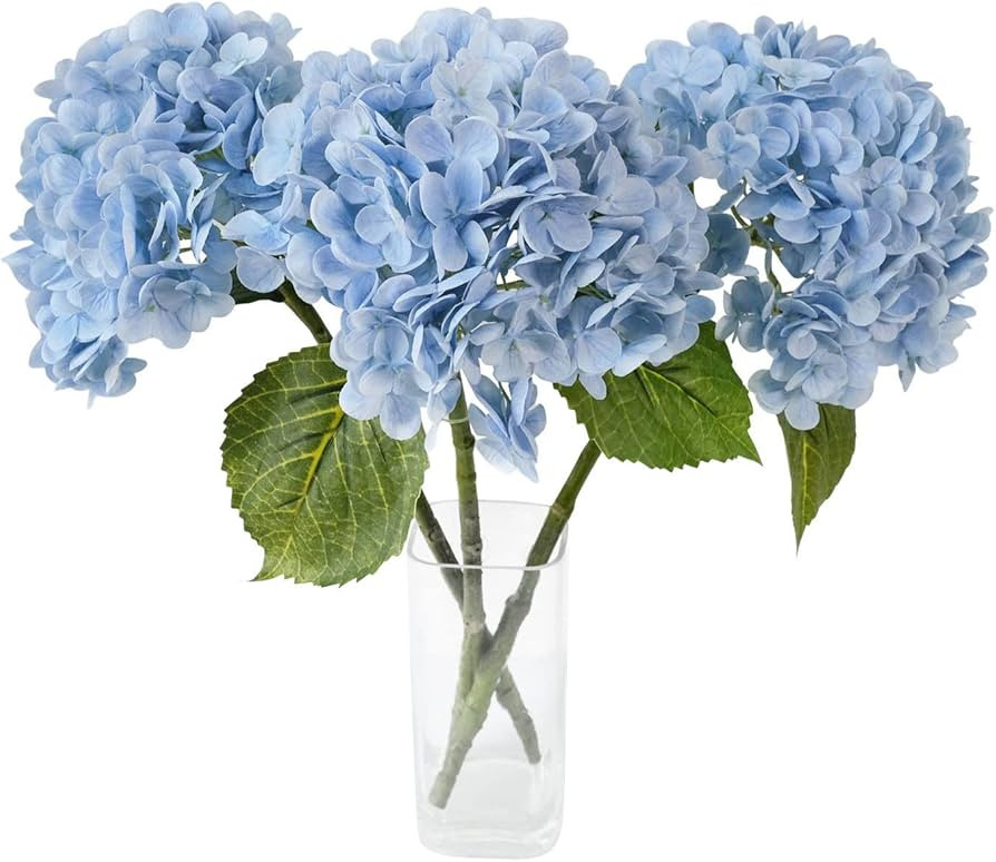 YalzoneMet 3pcs Real Touch Light Blue Hydrangea Artificial Flowers,21" Large Long Stems Faux Hydr... | Amazon (US)