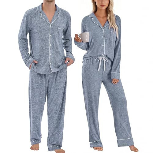 PJGGZ Matching Pajamas for Couples, Button Down Loungewear Soft Warm Long Sleeve Sleepwear His and Hers Pajamas Sets(Men,Blue,S) | Amazon (US)