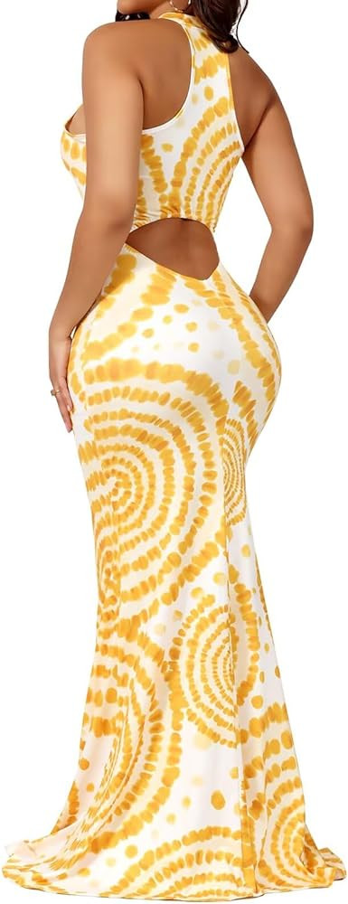 EDITCOZY Women Sexy Bodycon Maxi Dress Tie Dye Beach Summer Dresses Halter Backless Vacation Long... | Amazon (US)