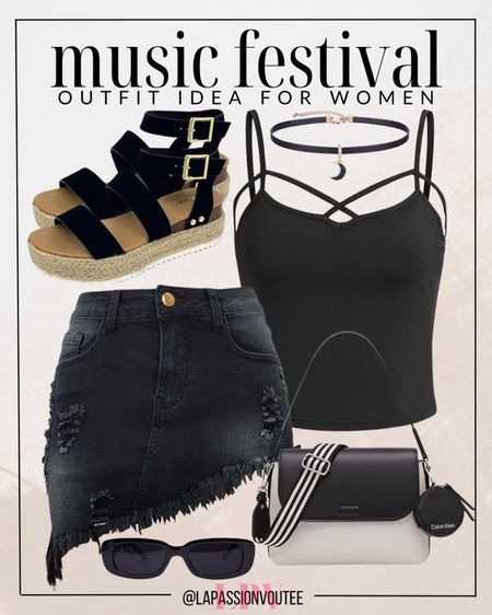 Rock the stage with edgy elegance in this ensemble: black denim mini skirt with a frayed hem, paired with a criss-cross camisole. Top it off with sunglasses, a sleek black choker, a chic shoulder bag, and elevate your style with ankle-strap platform wedges. Festival-ready fashion at its finest! 🎶

#LTKFestival #LTKstyletip #LTKfindsunder100