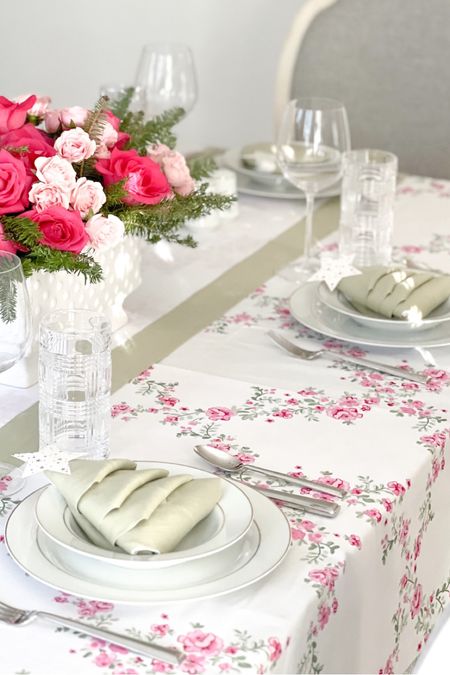 Pink & Green Christmas Table from Solino Home. This gorgeous pink rose trellis patterned tablecloth & sage green trimmed linen napkins & runner work great year round, including during the holidays for a pastel pink, grandmillennial christmas  

#LTKunder100 #LTKhome #LTKHoliday