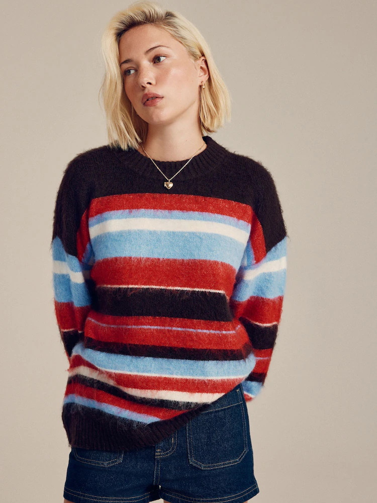 Chocolate Brown/Multi Stripe Brushed Crew Neck Jumper | Next US