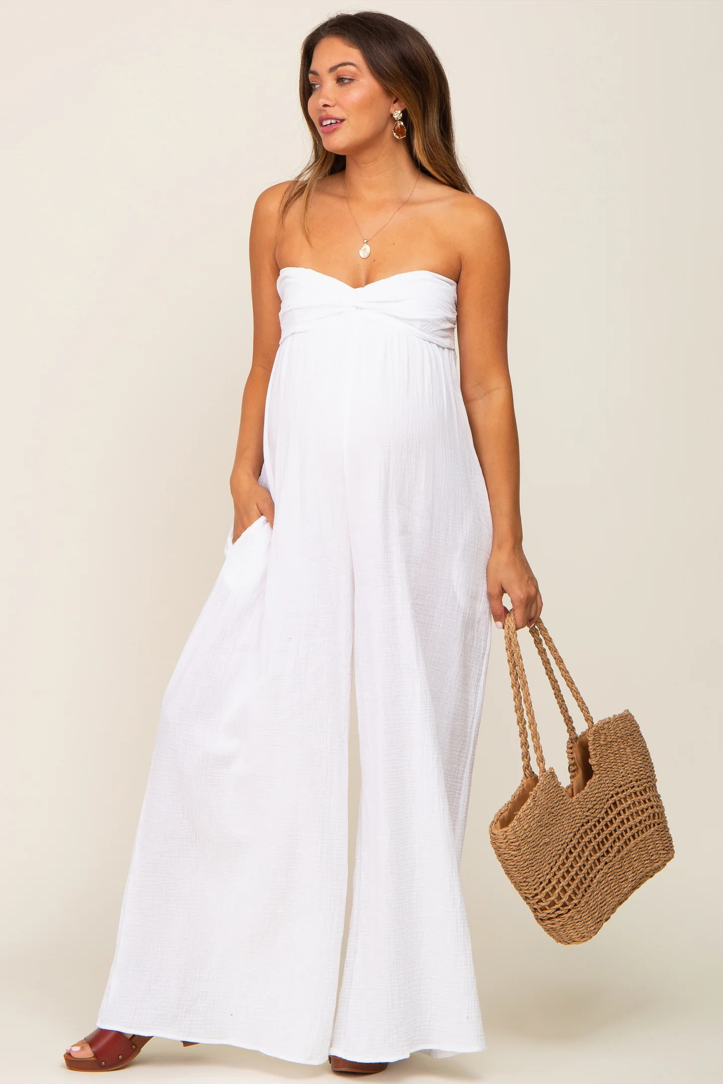 White Strapless Front Twist Maternity Jumpsuit | PinkBlush Maternity