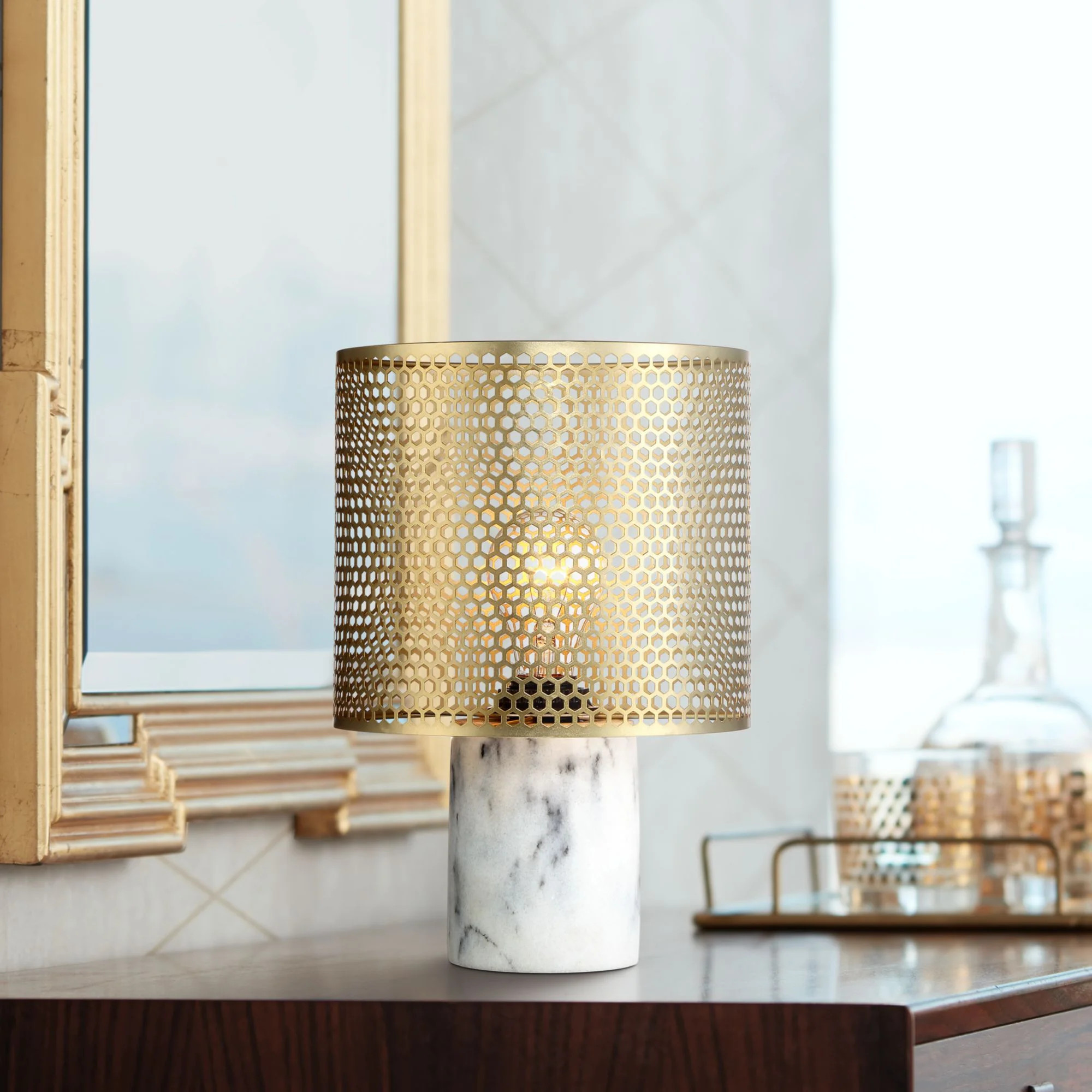 360 Lighting Modern Accent Table Lamp 11 1/2" High White Faux Marble Base Brass Hexagon Cutouts S... | Walmart (US)