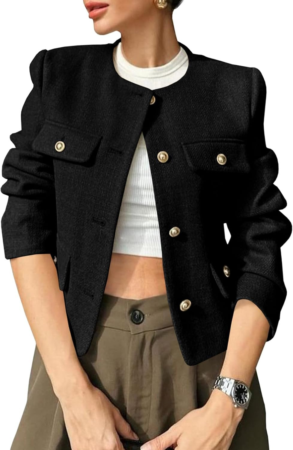 Cicy Bell Womens Cropped Tweed Blazers Jacket Collarless Button Down Coats | Amazon (US)