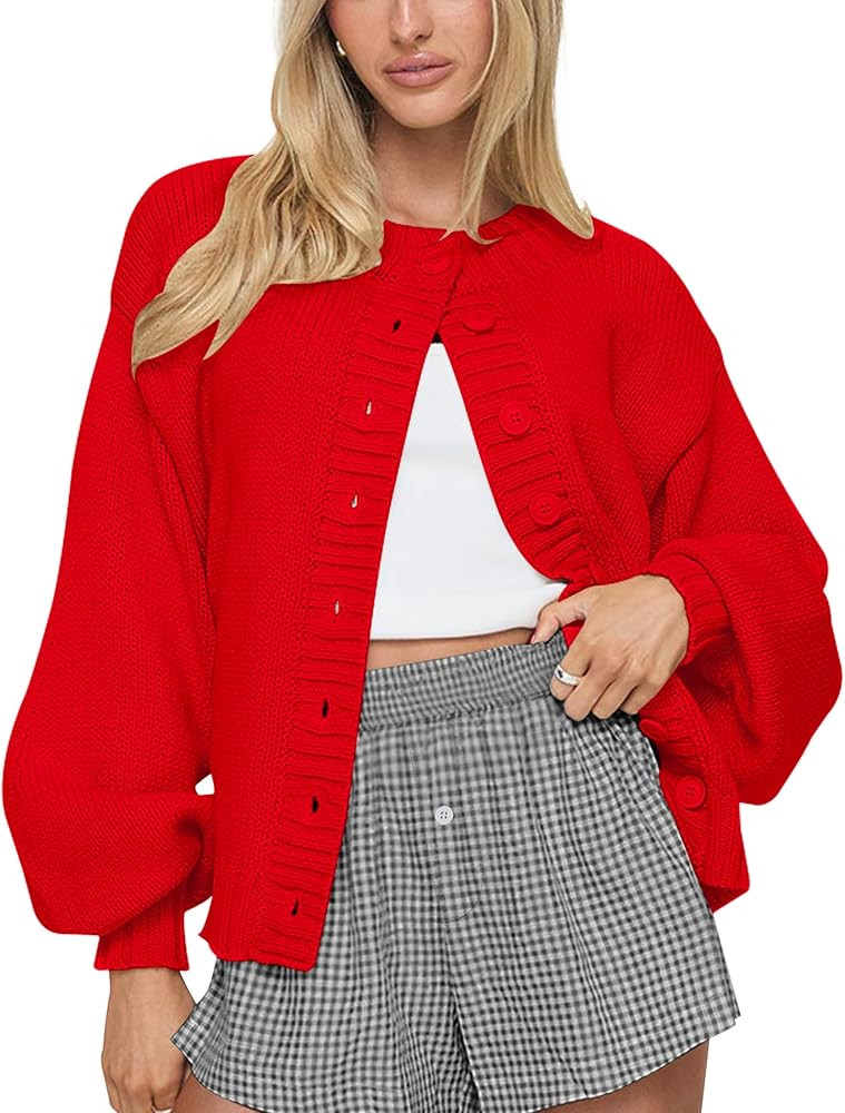 LOMON Cardigan for Women Lantern Long Sleeve Button Down Sweater Oversized Open Front Cardigan Sw... | Amazon (US)