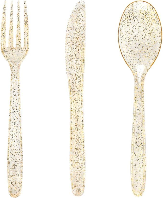 WDF 360 Gold Plastic Silverware - Disposable Gold Glitter Plastic Cutlery - Plastic Silverware in... | Amazon (US)
