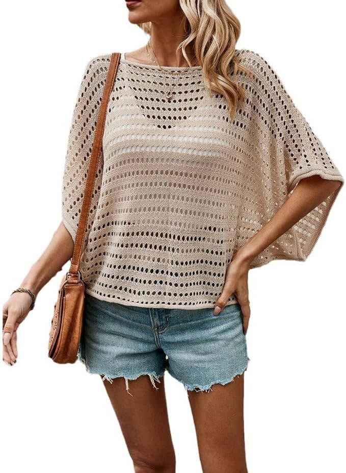 Crochet Tops for Women Hollow Out Crew Neck Knit Top Loose Batwing Sleeve Casual Vacation Pullove... | Amazon (US)