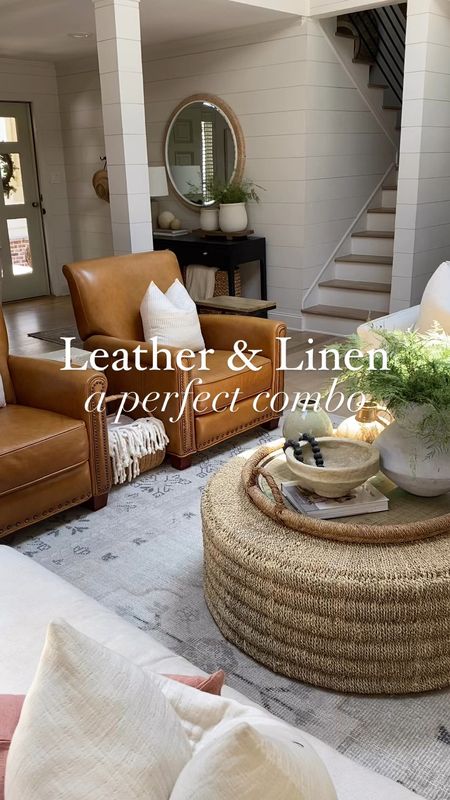 Leather & linen make for the perfect combo for a living room or sitting area! Pottery barn recliners, linen sofa, round coffee table, living room inspo 

#LTKHome #LTKStyleTip #LTKVideo