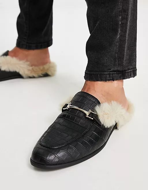ASOS DESIGN backless mule loafers in black faux leather with faux fur | ASOS (Global)