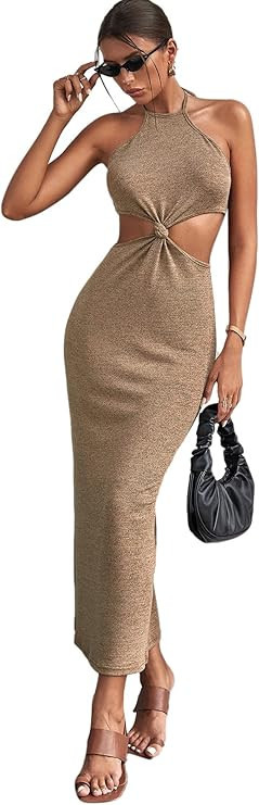 Amazon.com: SOLY HUX Women Summer Cut Out Crochet Dresses Knot Front Tie Stap Sleeveless Halter B... | Amazon (US)