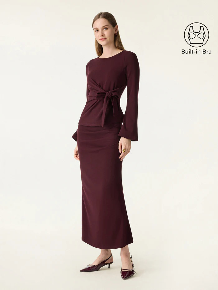 2Pcs Set Bow-Tie Belted Bell Sleeve Brami & Stretchy Tucked Flare Maxi Skirt | OGLmove