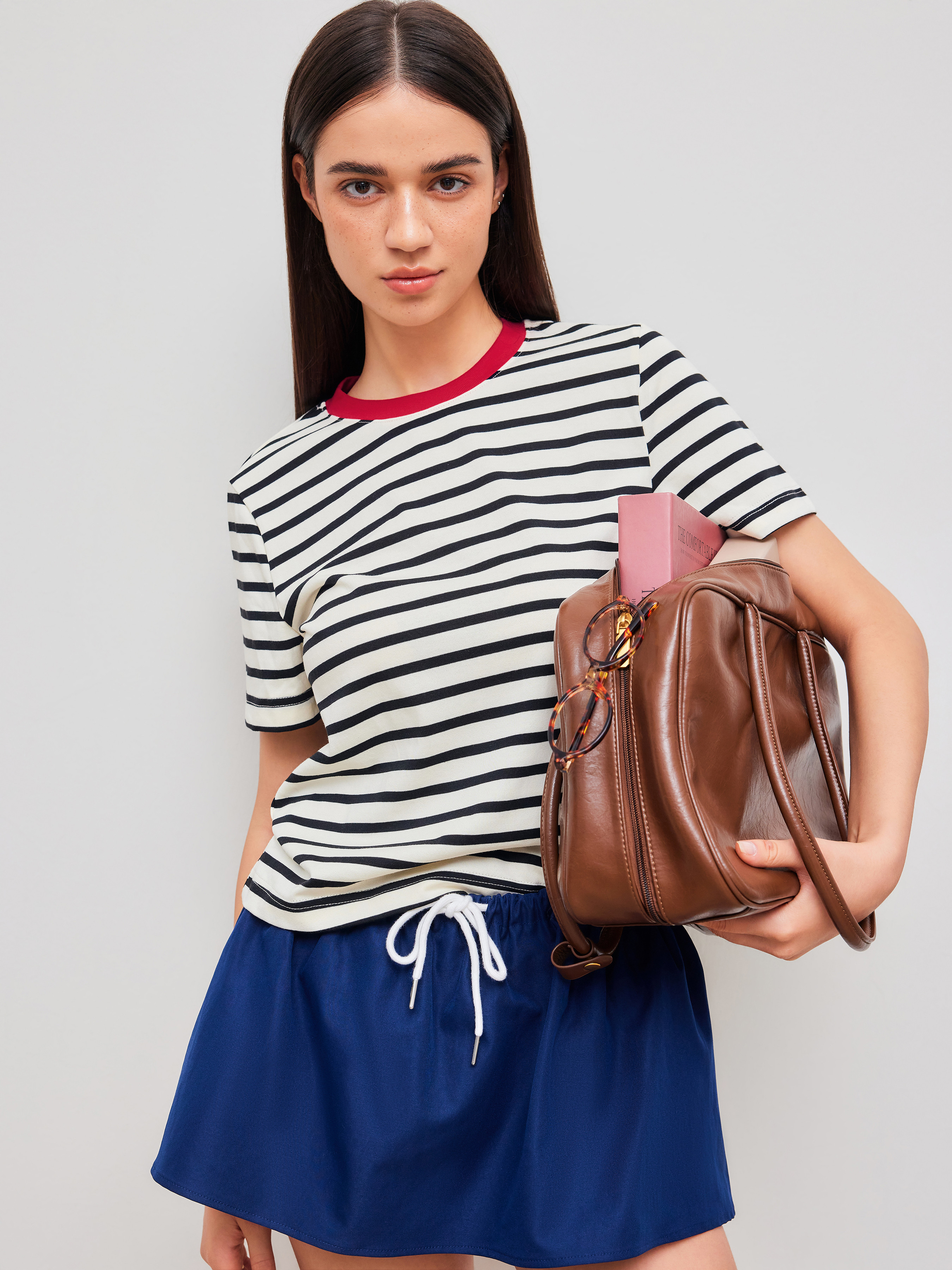 Jersey Cotton Cotton-blend Round Neck Striped Contrasting Binding Short Sleeve Tee For School Dai... | Cider