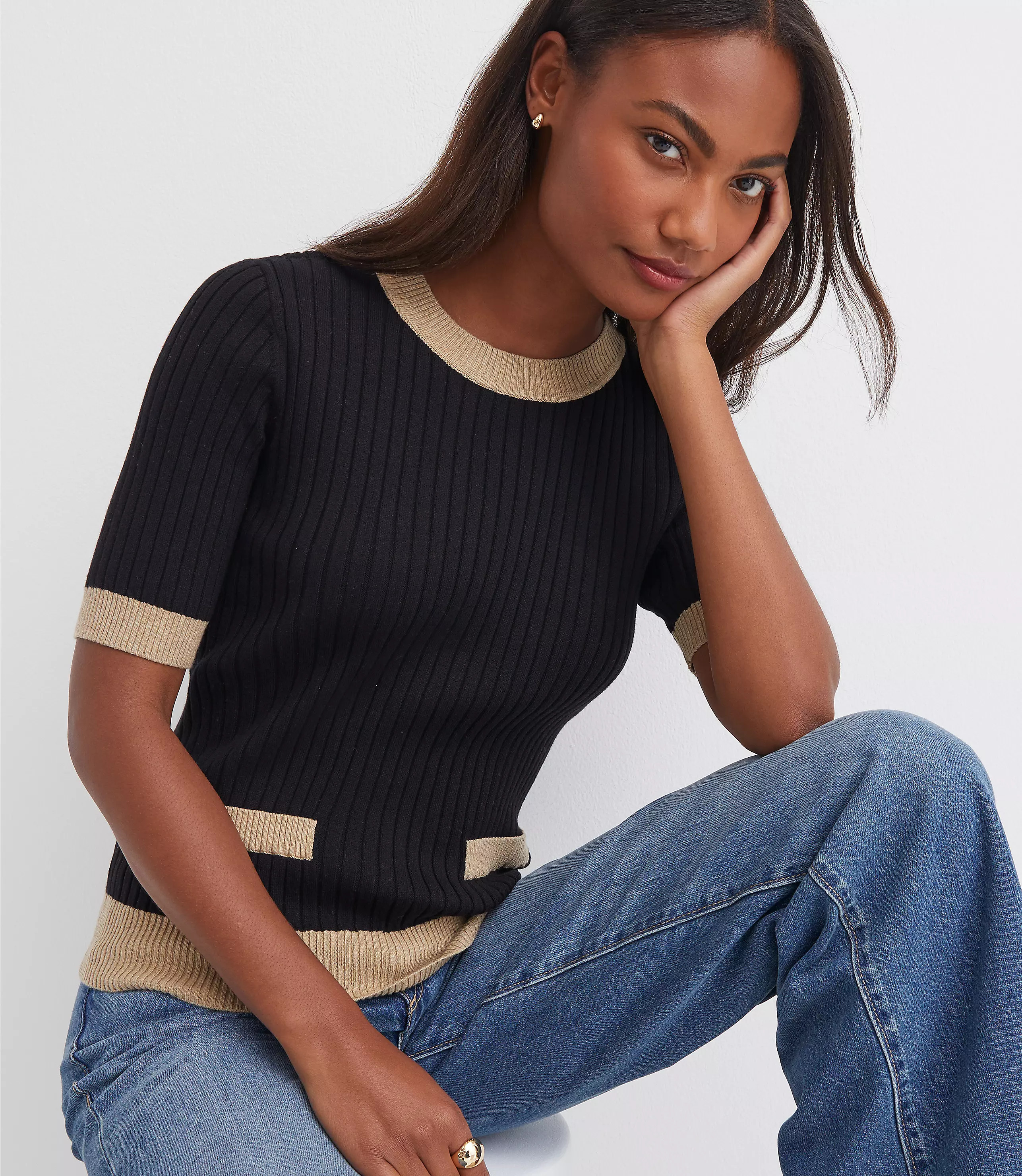 Tipped Ribbed Pocket Sweater Tee | LOFT