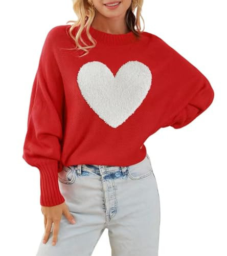 Scgirl Womens Love Heart Sweaters Long Batwing Sleeve Sweater Loose Fit Pullover Top Sweaters (S,Heart Red) | Amazon (US)