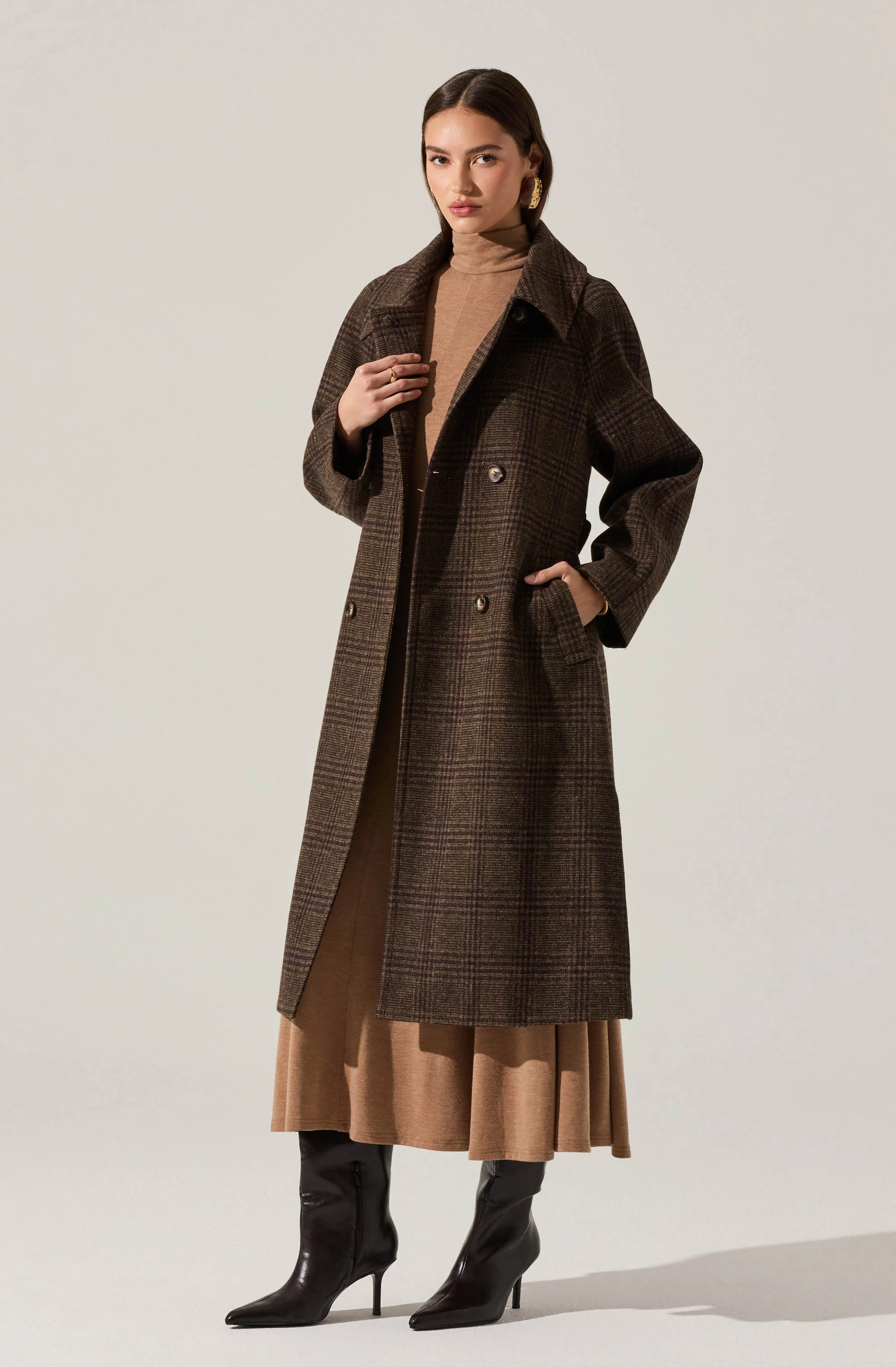 Seeley Double Breasted Longline Coat - Brown plaid / L | ASTR The Label (US)