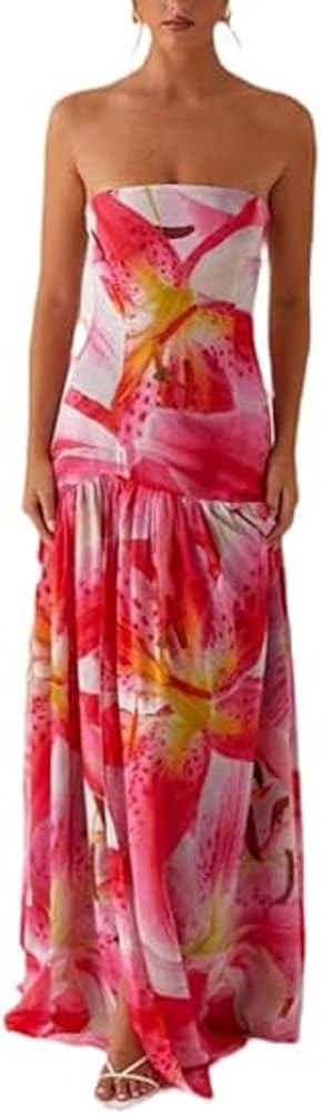 Women Floral Strapless Maxi Dress Sexy Backless Tube Long Wedding Guest Dress Formal Party Cockta... | Amazon (US)