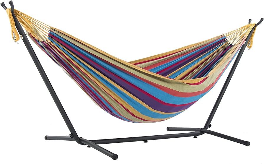 Vivere Double Cotton Hammock with Space Saving Steel Stand, Tropical (450 lb Capacity - Premium C... | Amazon (US)