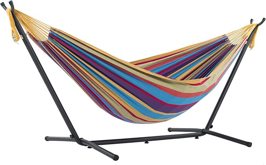 Vivere Double Cotton Hammock with Space Saving Steel Stand, Tropical (450 lb Capacity - Premium C... | Amazon (US)