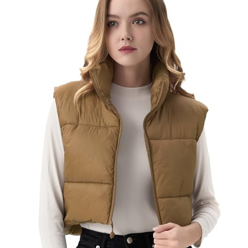 ANAYSN Women's Cropped Puffer Vest Sleeveless Warm Vests For Women Winter Stand Collar Padded Gilet Cropped puffer jacket（Khaki;M） | Amazon (US)
