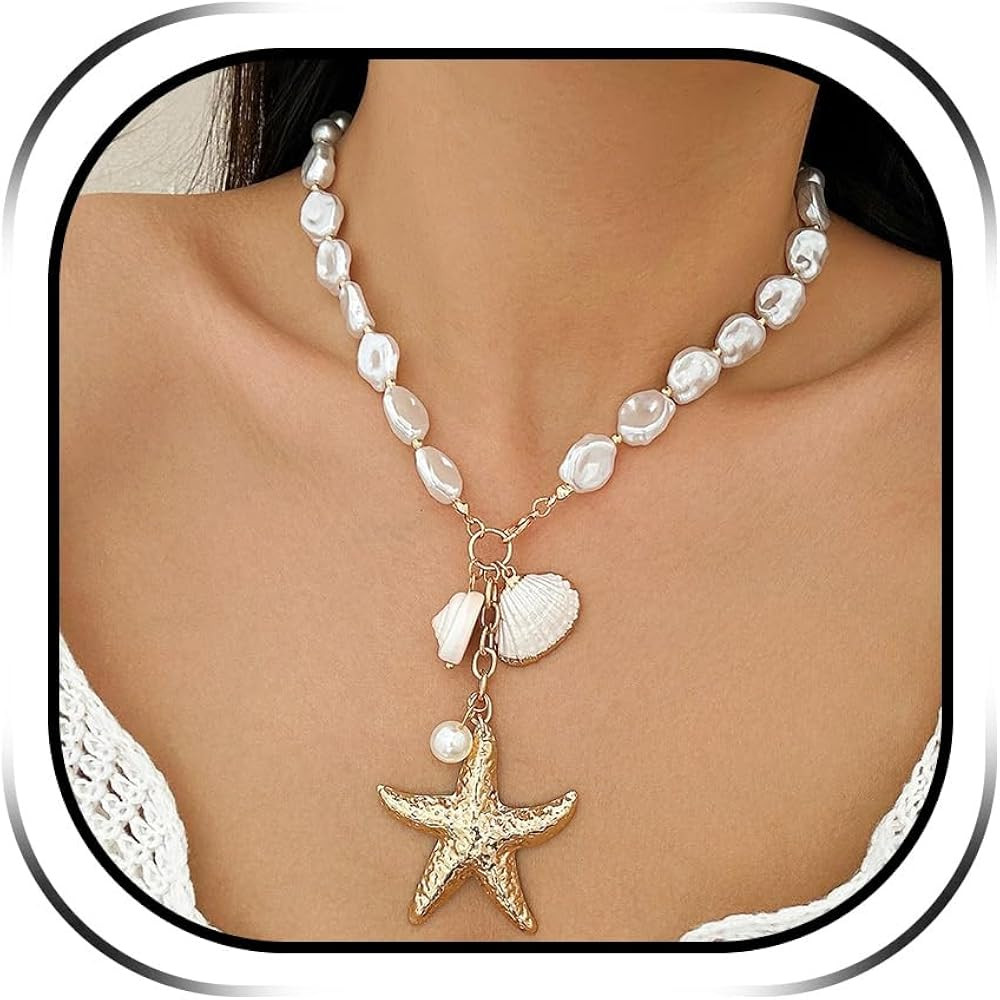 Beach Jewelry for Women Shell Necklace Gold Layered Seahell Starfish Necklace Beach Vacation Outf... | Amazon (US)