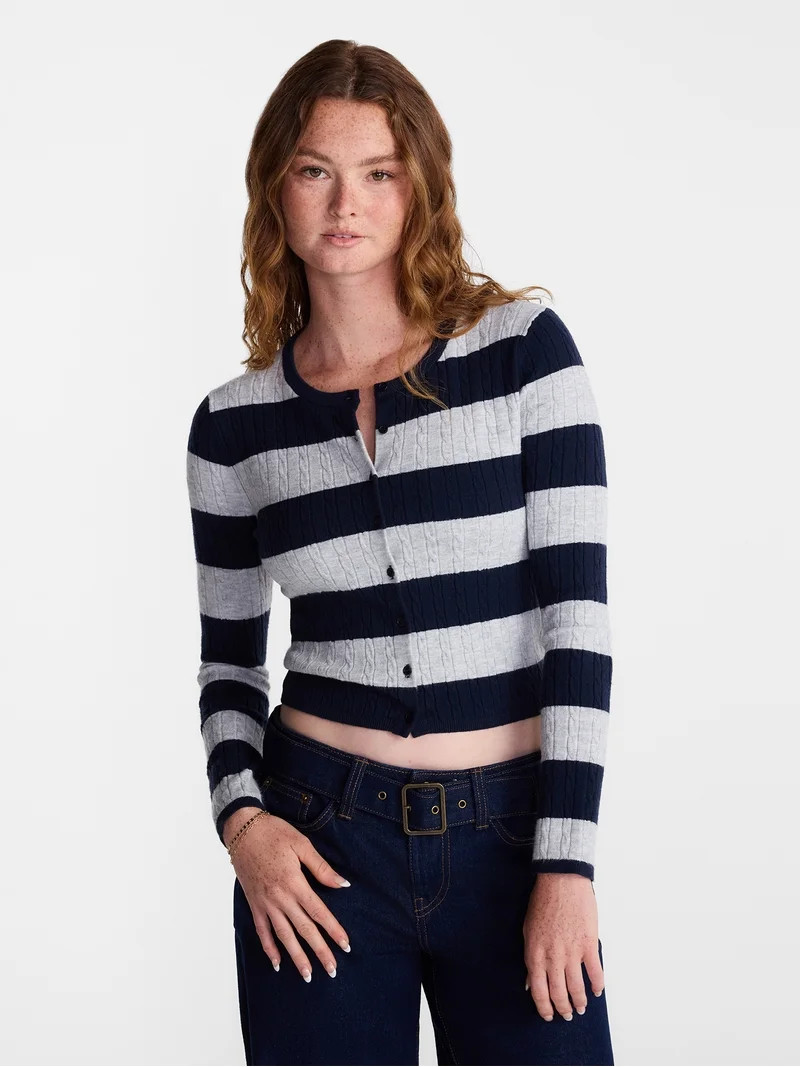 No Boundaries Cable Knit Crewneck Cardigan, Women's XXS-XXL | Walmart (US)
