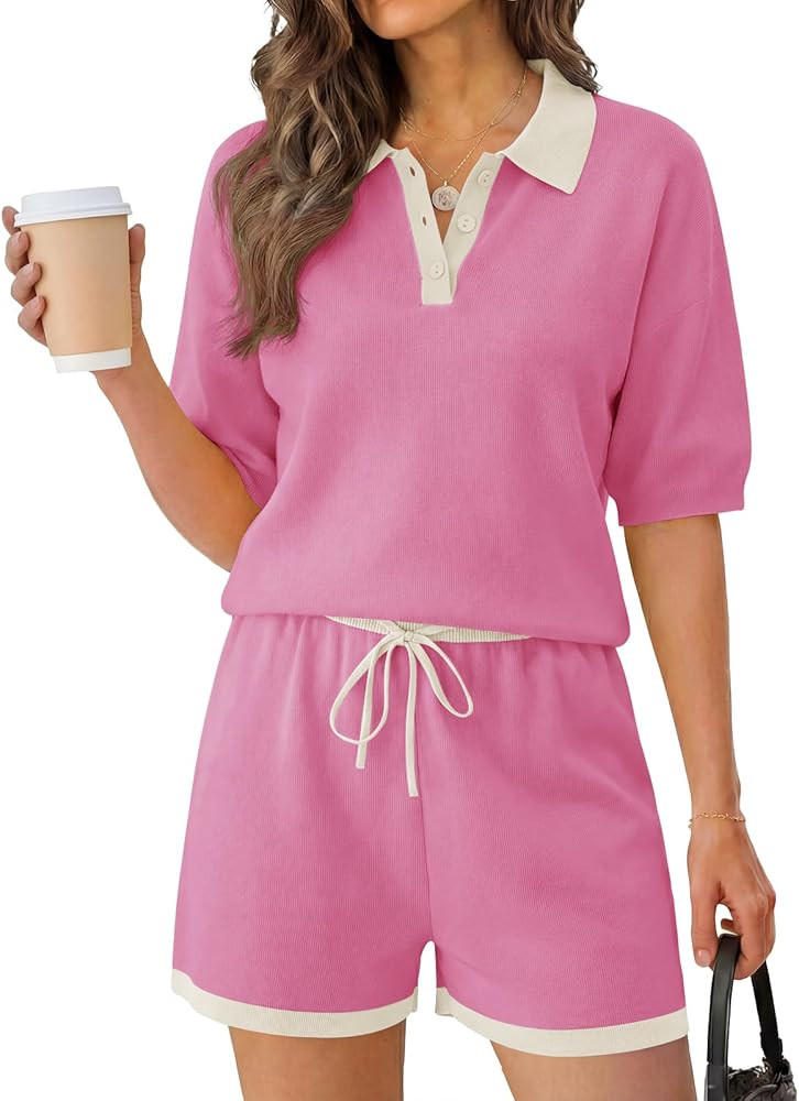 Tankaneo Womens 2 Piece Sweater Short Sets 2026 Summer Vacation Outfits Short Sleeve Knit Collare... | Amazon (US)