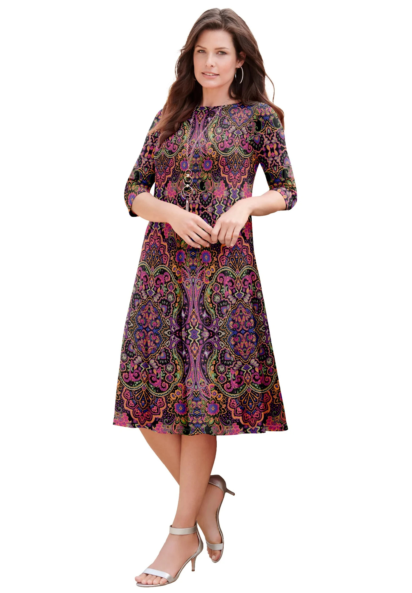 Roaman's Women's Plus Size 3/4 Sleeve Boatneck Swing Dress | Walmart (US)