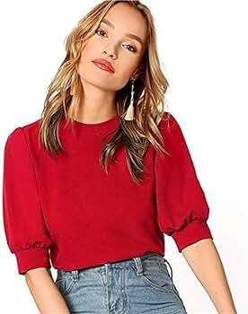Women's Puff Sleeve Casual Solid Top Pullover Keyhole Back Blouse | Amazon (US)