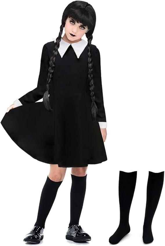 ZIW Girls Wednesday Addams Costume Dress with High Socks Kids Family Halloween Costumes Long Slee... | Amazon (US)