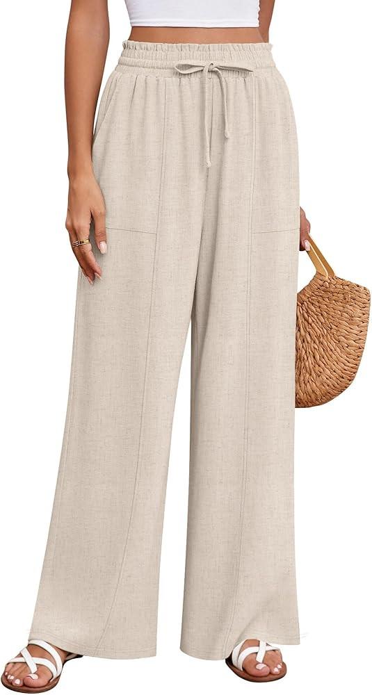 Huukeay Women's Linen Wide Leg Pants, High Waist Flowy Palazzo Pants with Pockets Drawstring Summ... | Amazon (US)