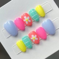 Custom Press On Nails Hand Painted Flower & Gingham Bright Pastel Candy Reusable Glue On Fake Gel Nails | Etsy (US)