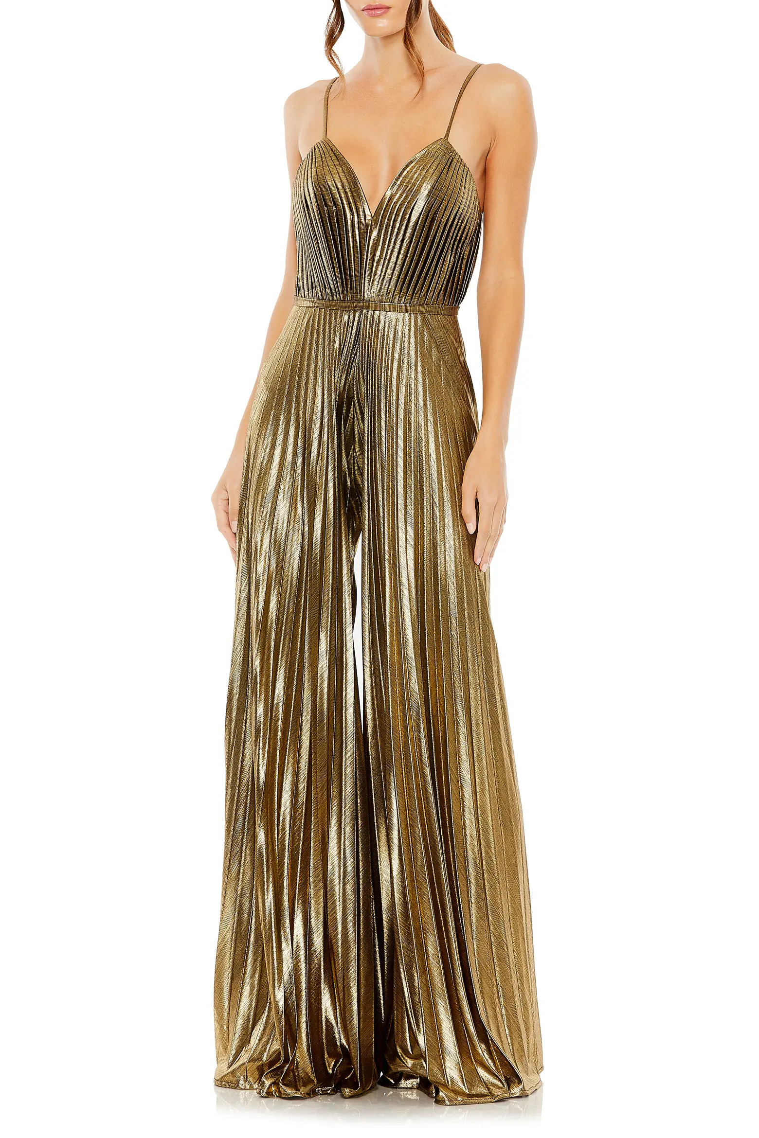Ieena for Mac Duggal Women's Metallic Pleated Wide-Leg V-Neck Jumpsuit (Women) | Nordstrom | Nordstrom