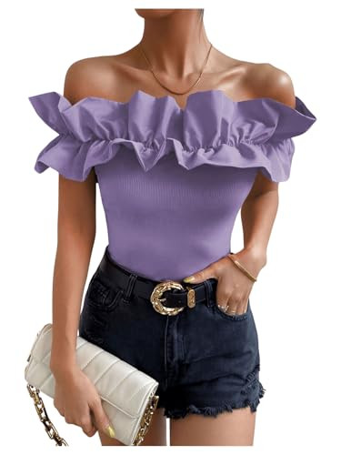 OYOANGLE Women's Ruffle Trim Off Shoulder Short Sleeve Blouse Party Tops Shirt | Amazon (US)